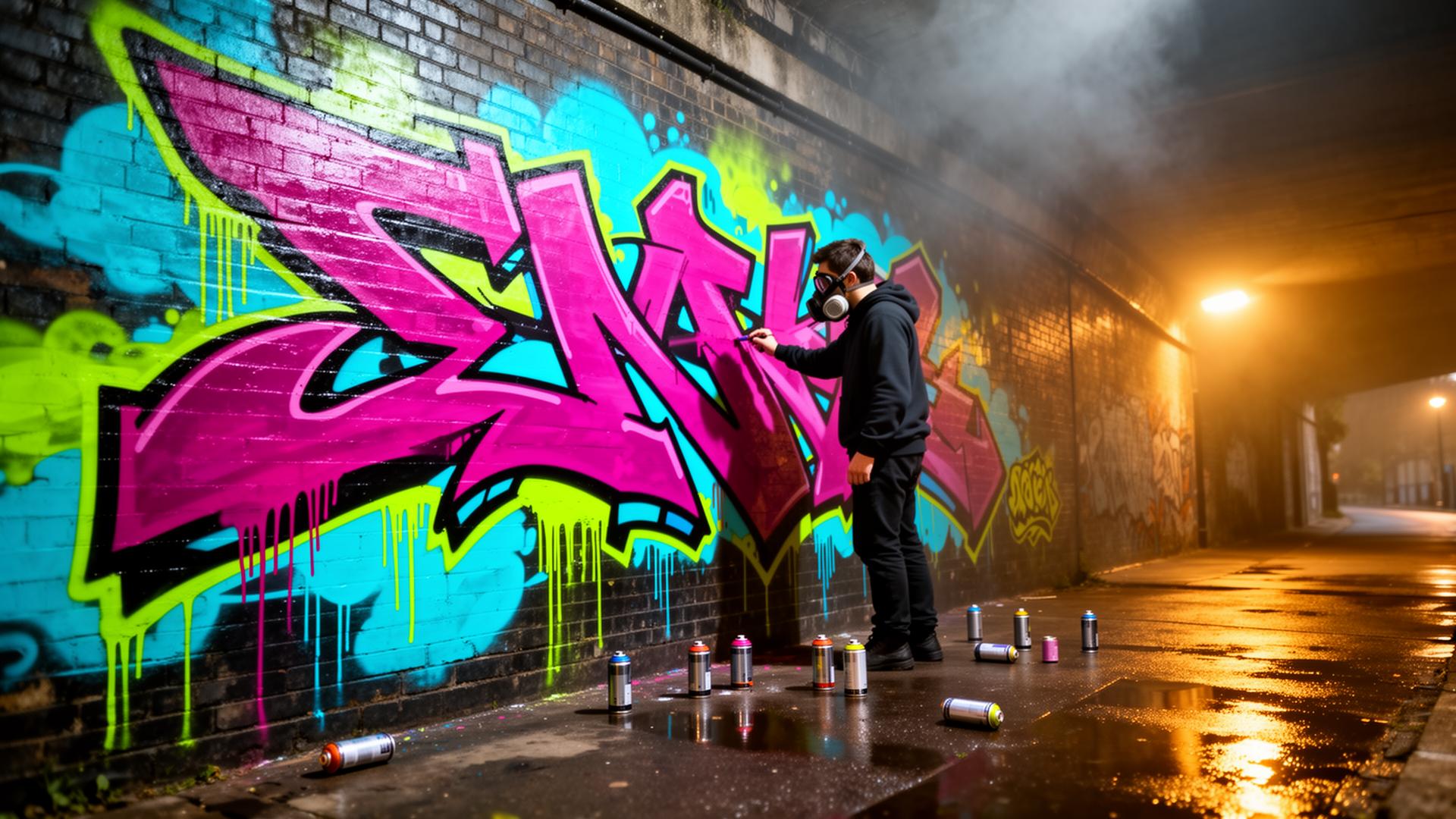 Graffiti writer in a respirator painting a wildstyle mural in a London tunnel at night