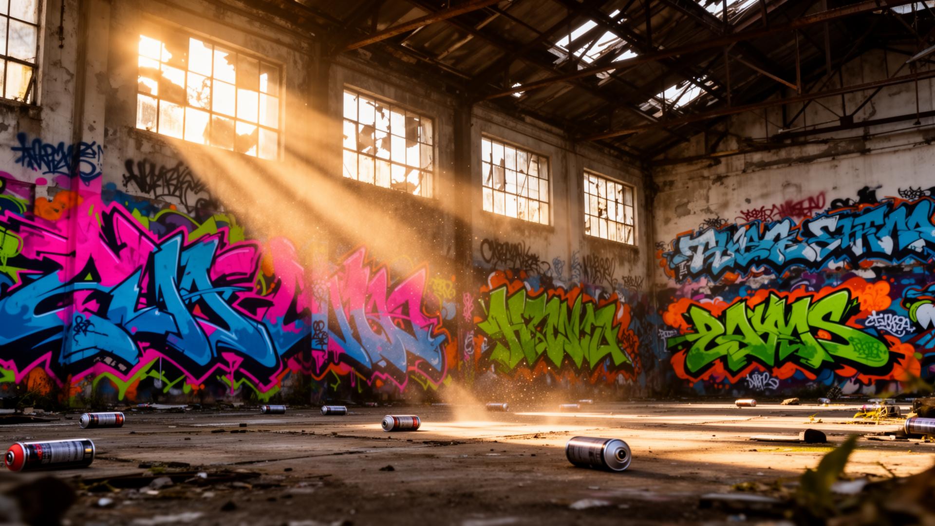 Abandoned warehouse interior covered in wildstyle graffiti with golden sunlight beaming through broken windows
