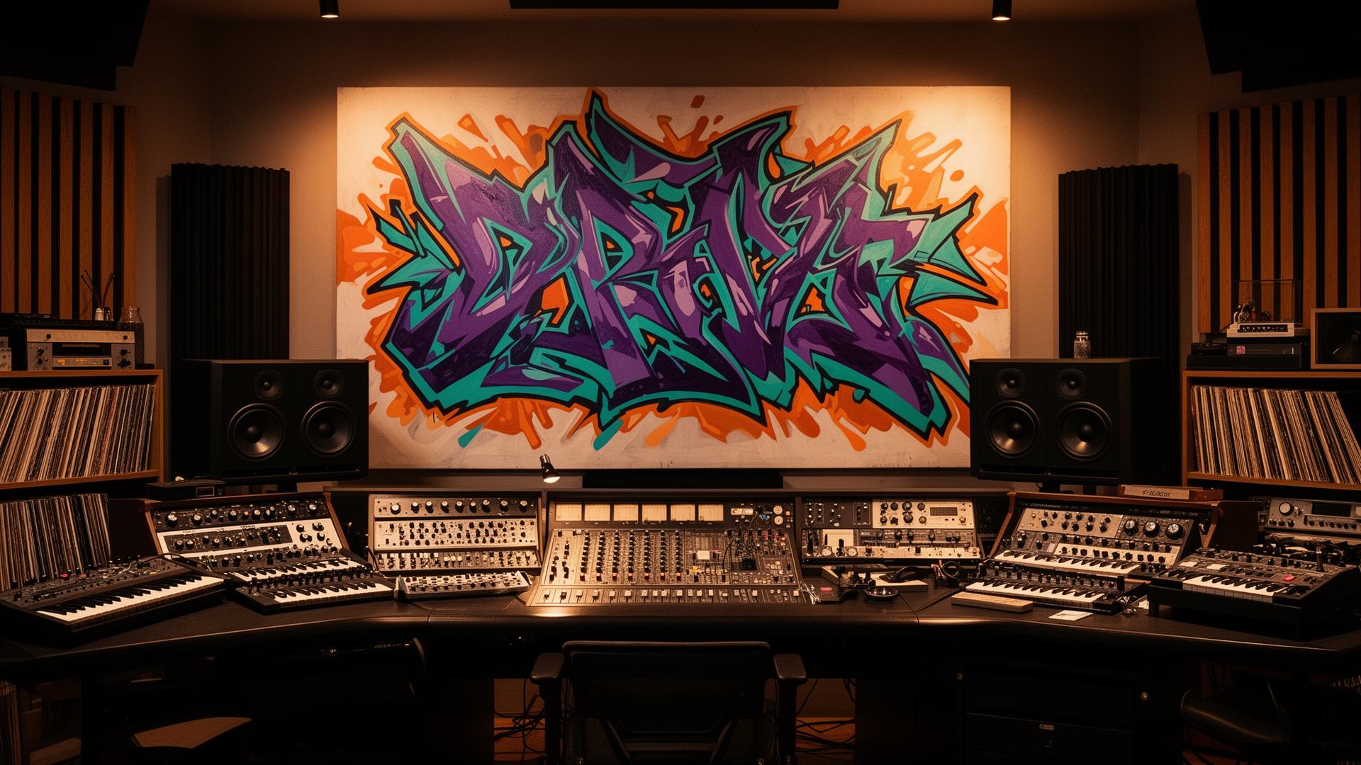 CREATIVE STUDIO SPACES — oversized graffiti canvas styled in a real interior setting