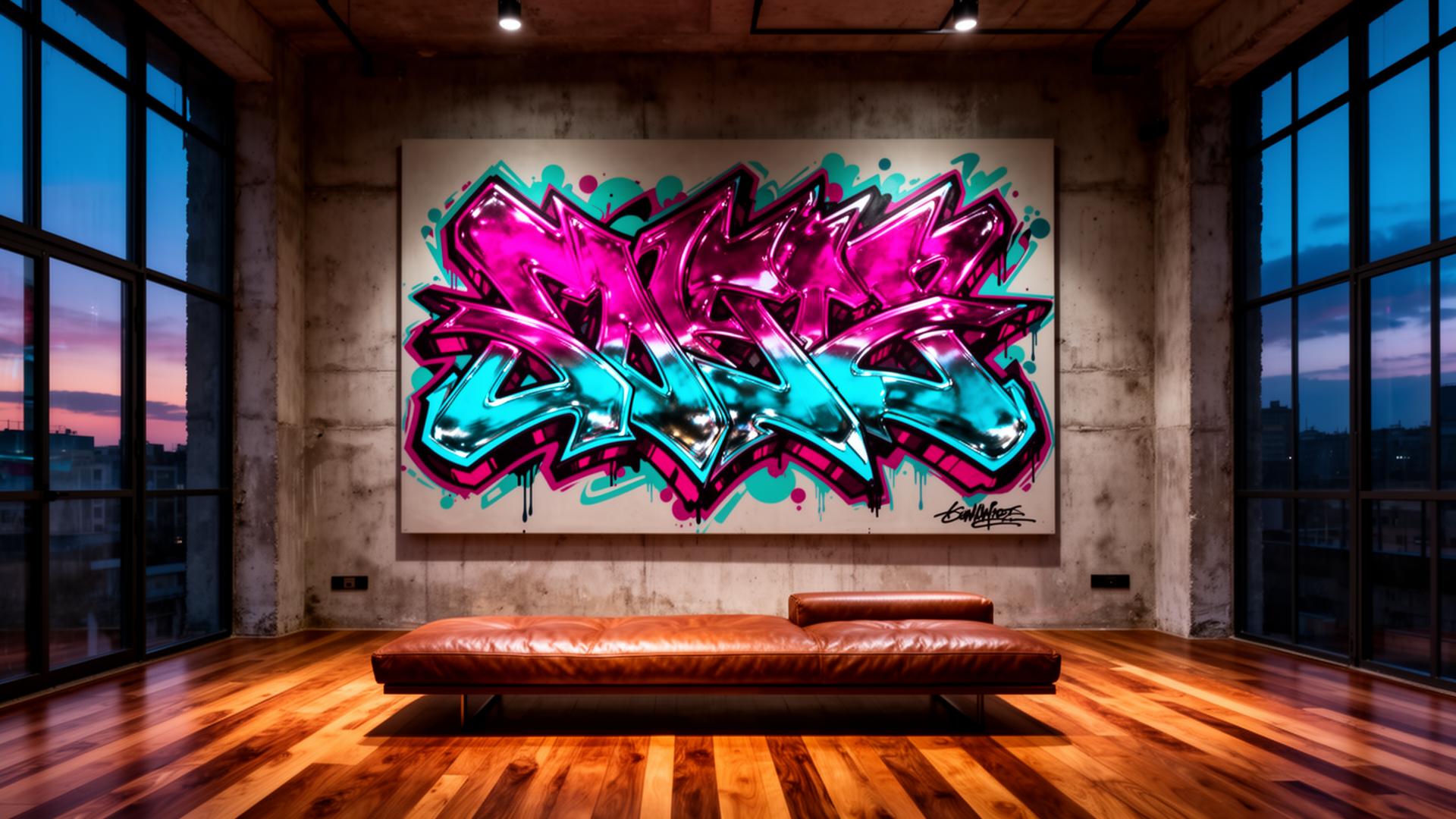 GRAFFITI CANVAS PRINTS — oversized graffiti canvas styled in a real interior setting