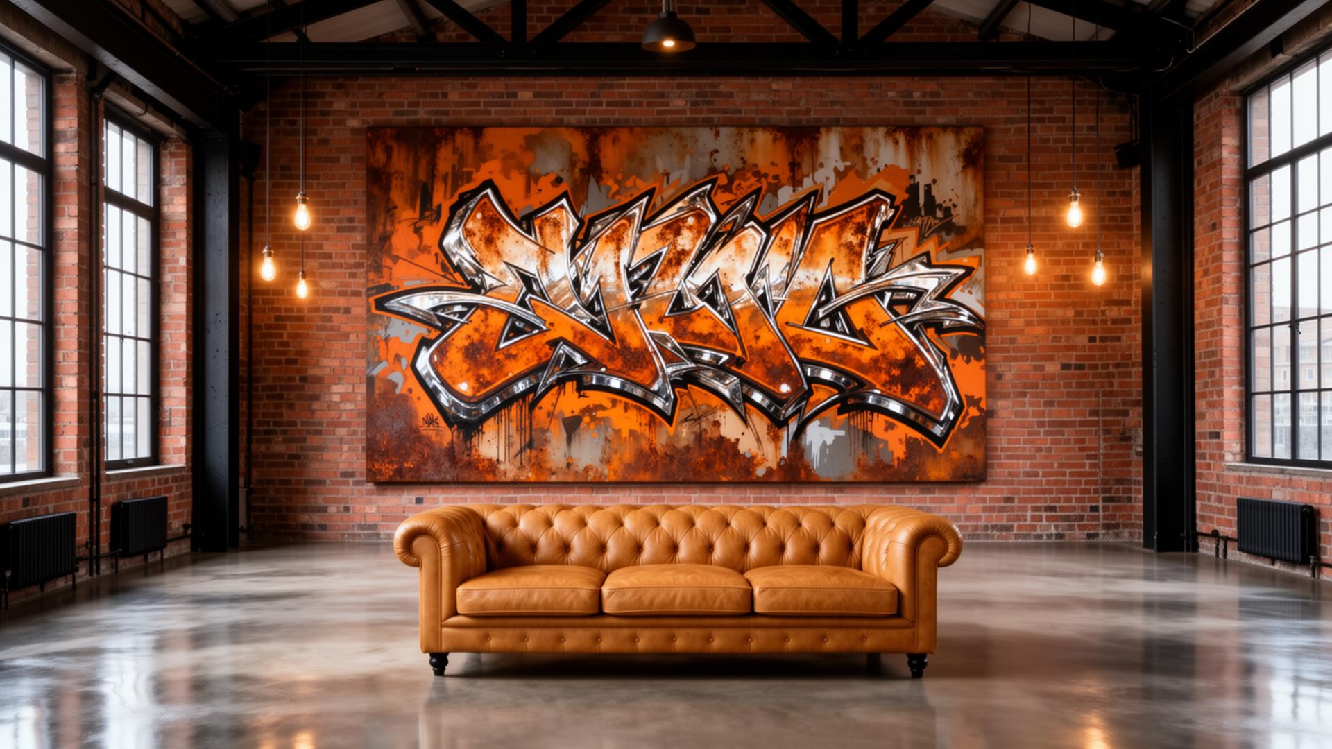 INDUSTRIAL LOFT ARTWORK — oversized graffiti canvas styled in a real interior setting