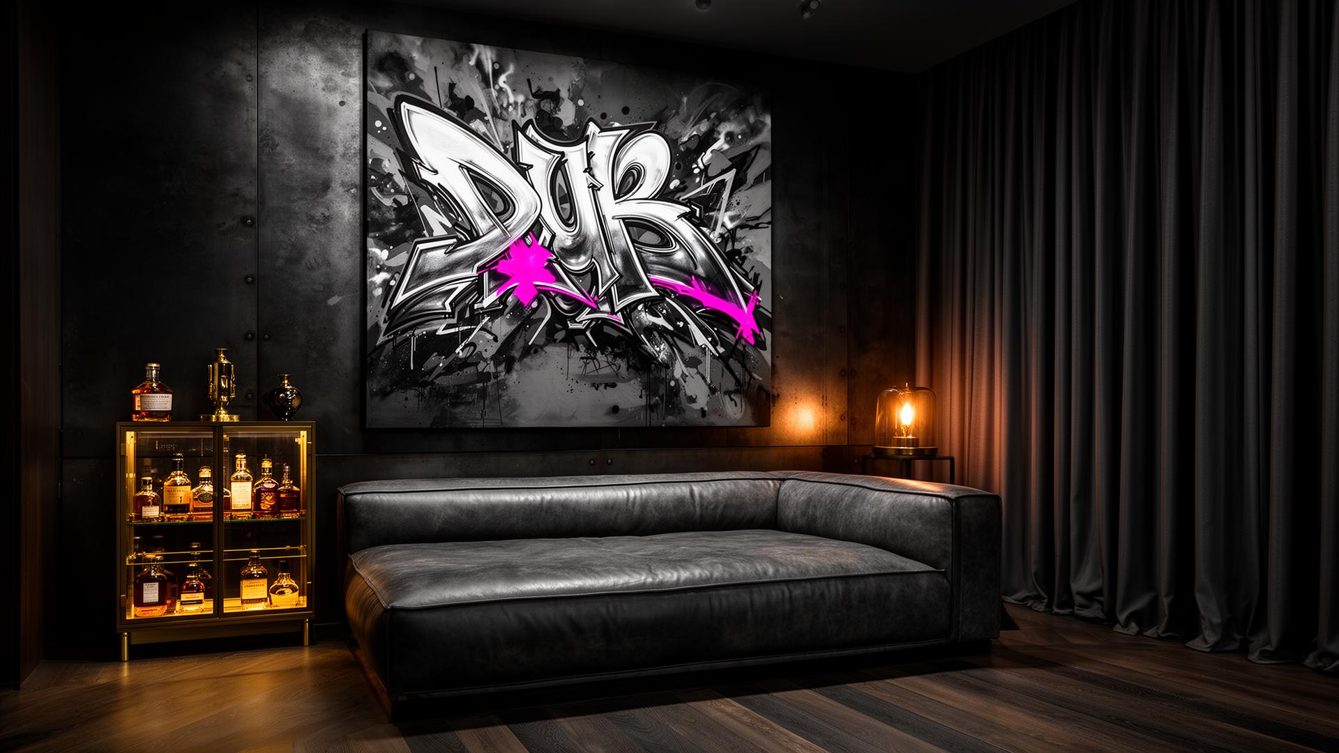 MODERN MASCULINE INTERIORS — oversized graffiti canvas styled in a real interior setting