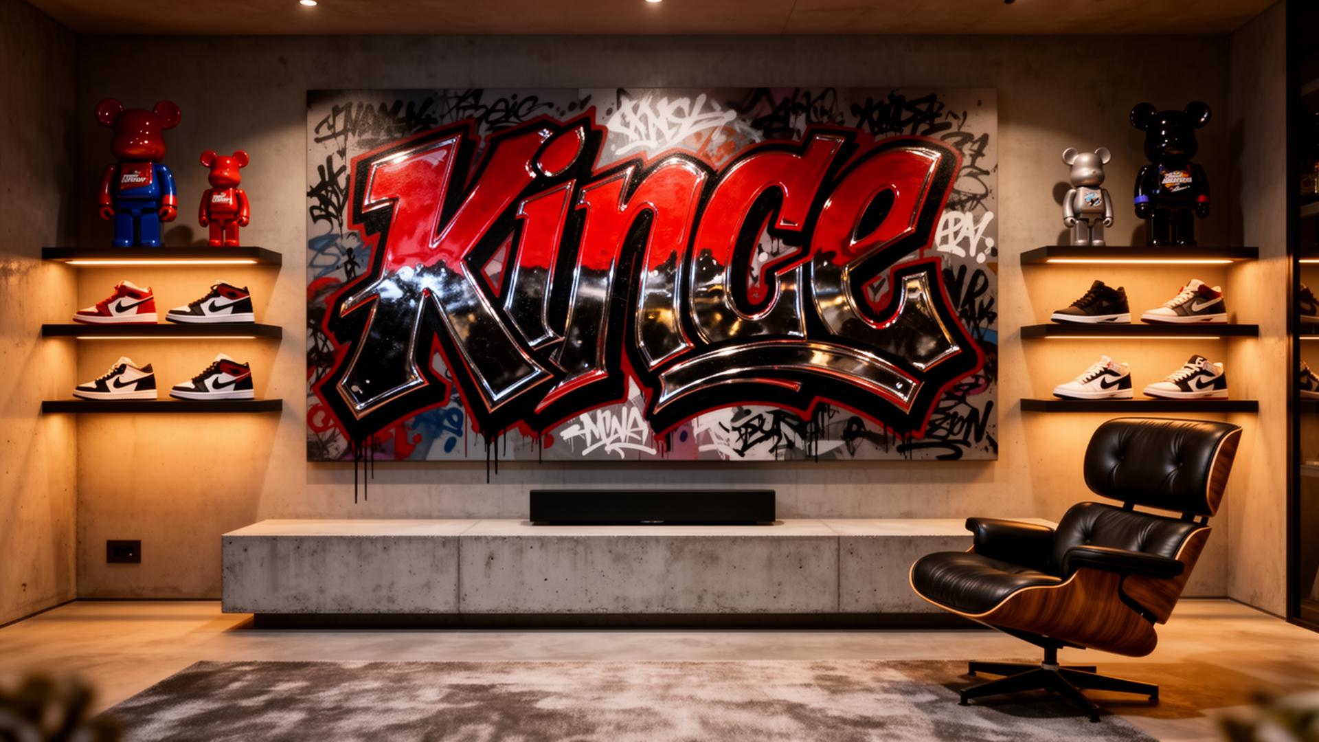 STREET CULTURE ARTWORK — oversized graffiti canvas styled in a real interior setting