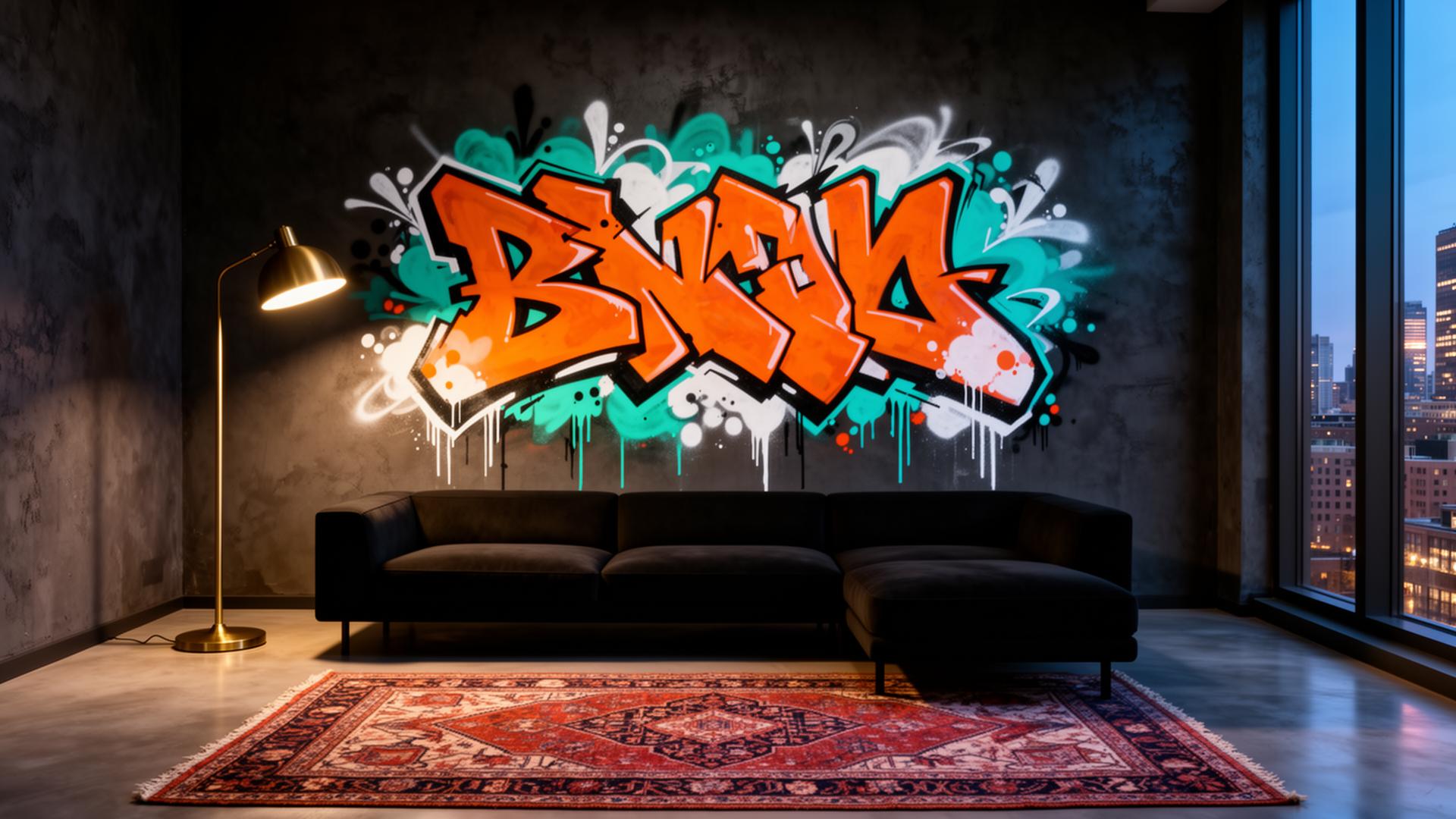 URBAN WALL ART — oversized graffiti canvas styled in a real interior setting