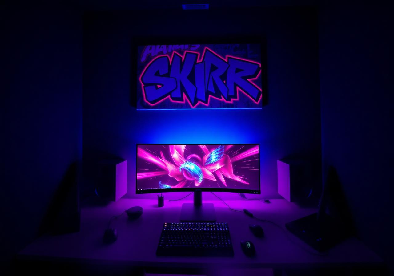 Graffiti canvas wall art above an ultrawide gaming setup with RGB neon lighting