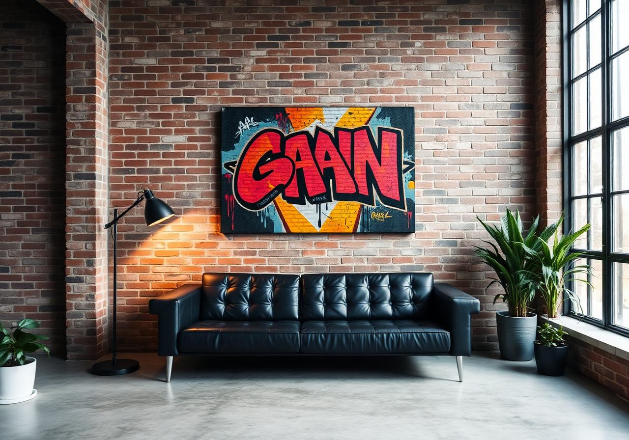 Vibrant graffiti canvas hung on exposed brick wall in an industrial loft apartment