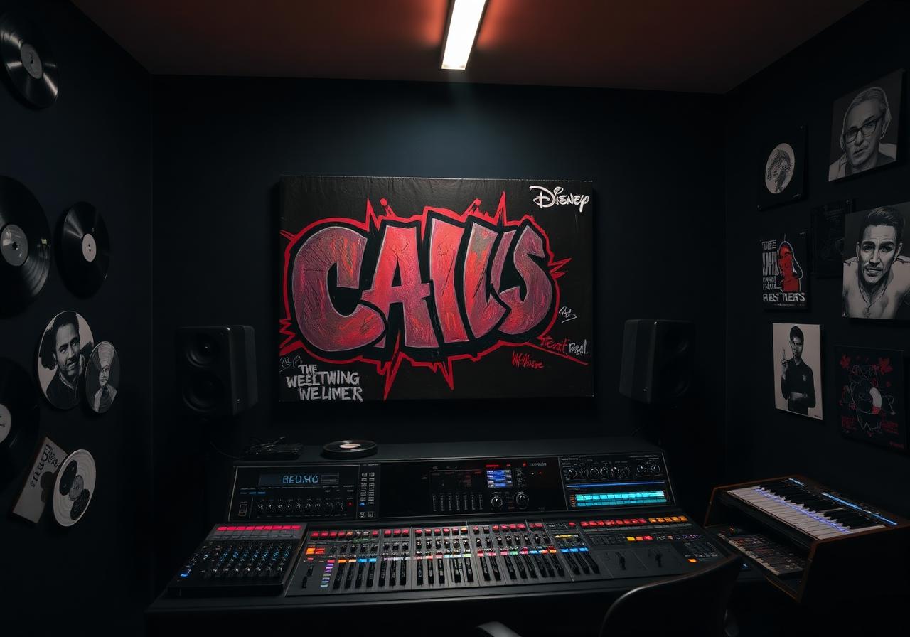 Graffiti street art canvas displayed above a music production studio desk with synthesisers